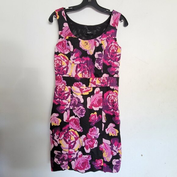 Express Black Pink Floal Print Sleeveless Cotton Sheath Career Dress Size 6 - Picture 1 of 11